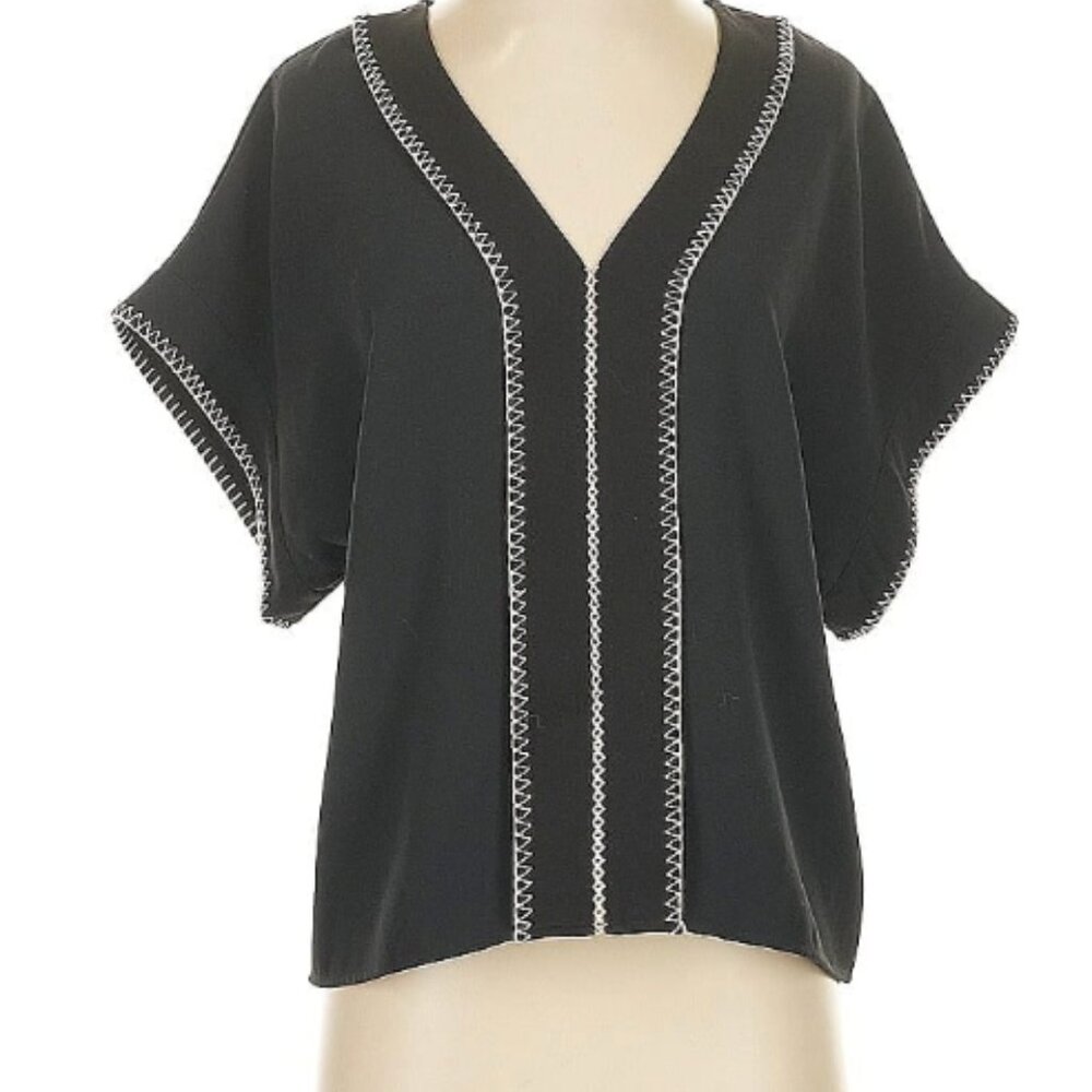 LIKE NEW Joie Maelie Black Crepe Blouse w/ White Whipstitch Detail, M
